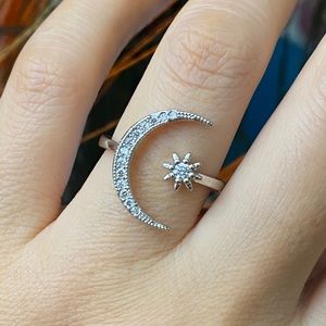 925 sterling silver CZ moon star open adjustable ring could fit size 4-10